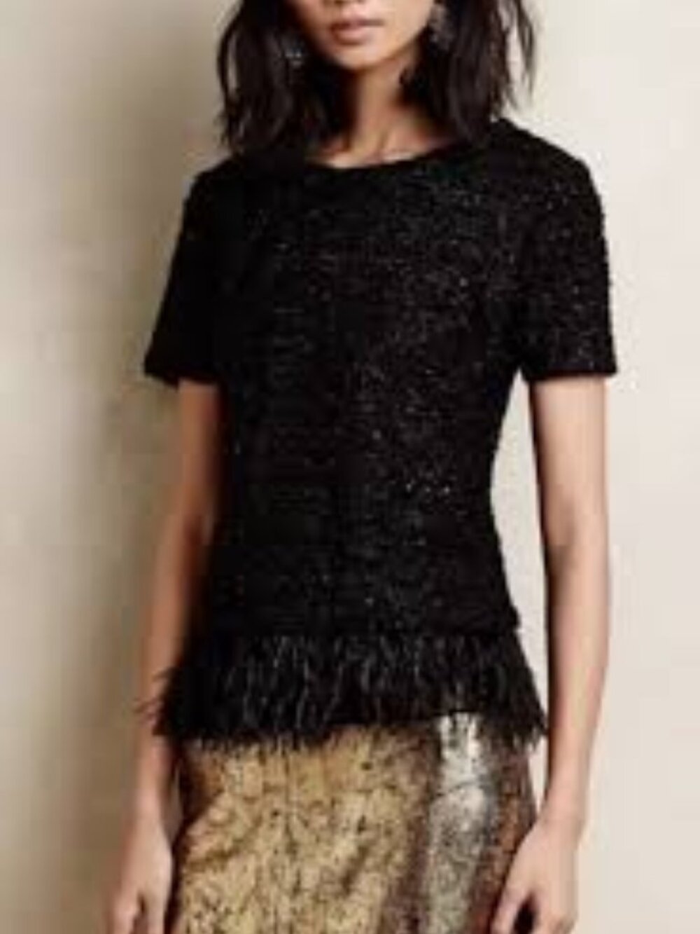 Anthropologie Deletta Feather Fringe Black Sequin Top